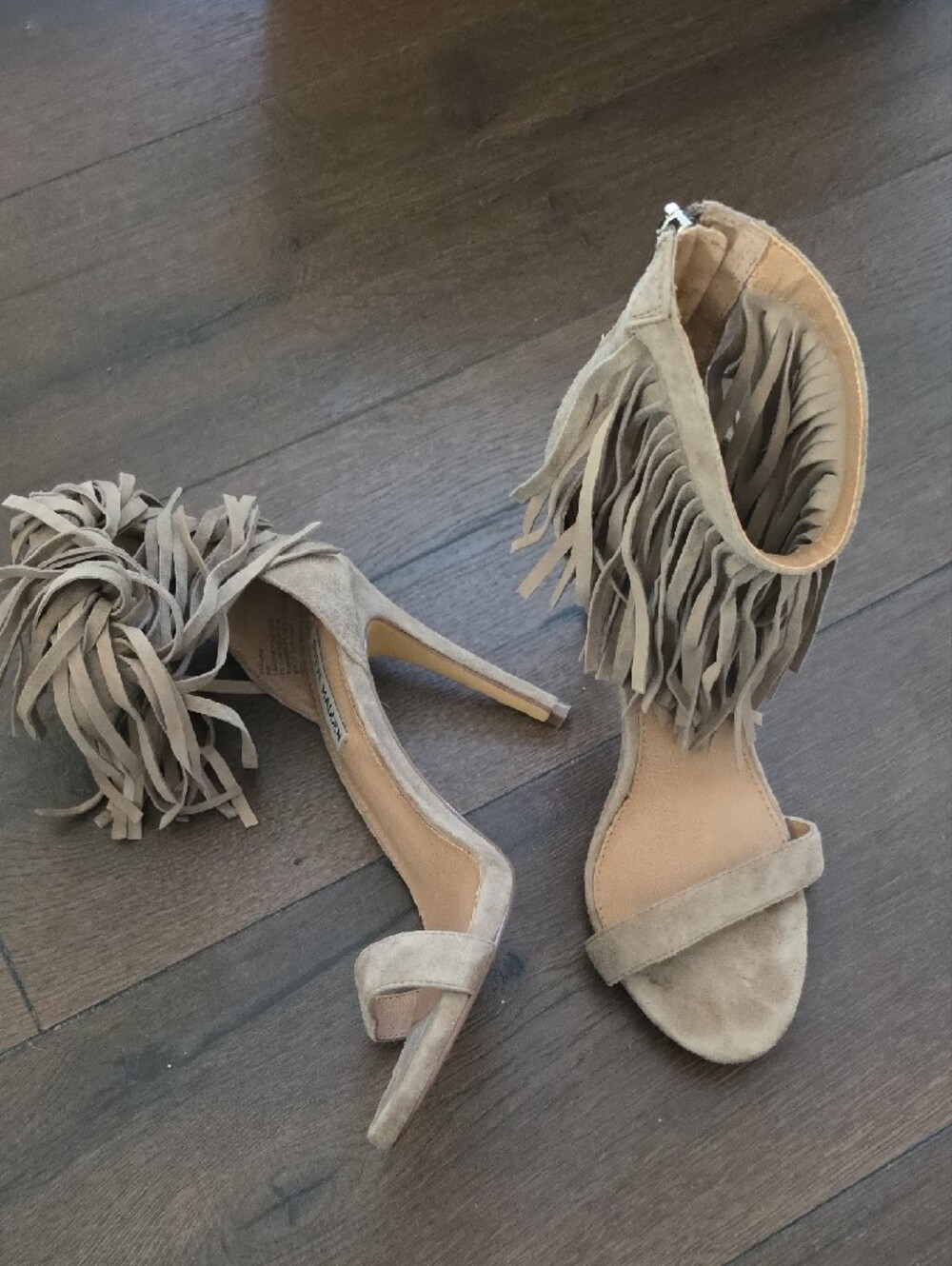 Steve Madden Taupe Suede Fringe Ankle-Strap Stilettos - Picture 4 of 6